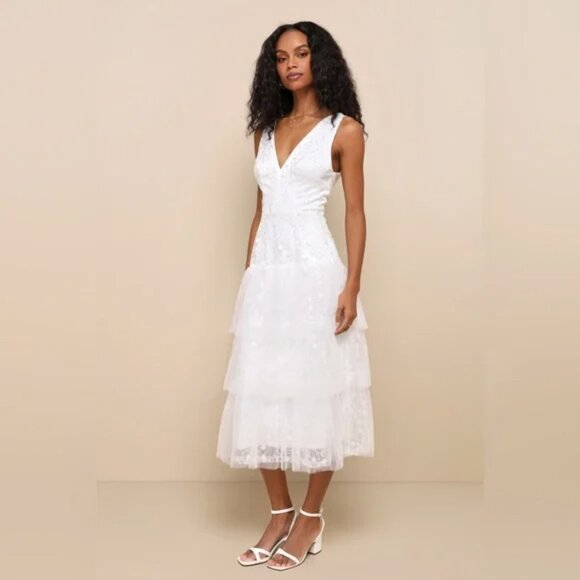 Lulus Dresses & Skirts - NWT Lulus Confidently Gorgeous Ivory Tulle Embroidered Backless Midi Dress